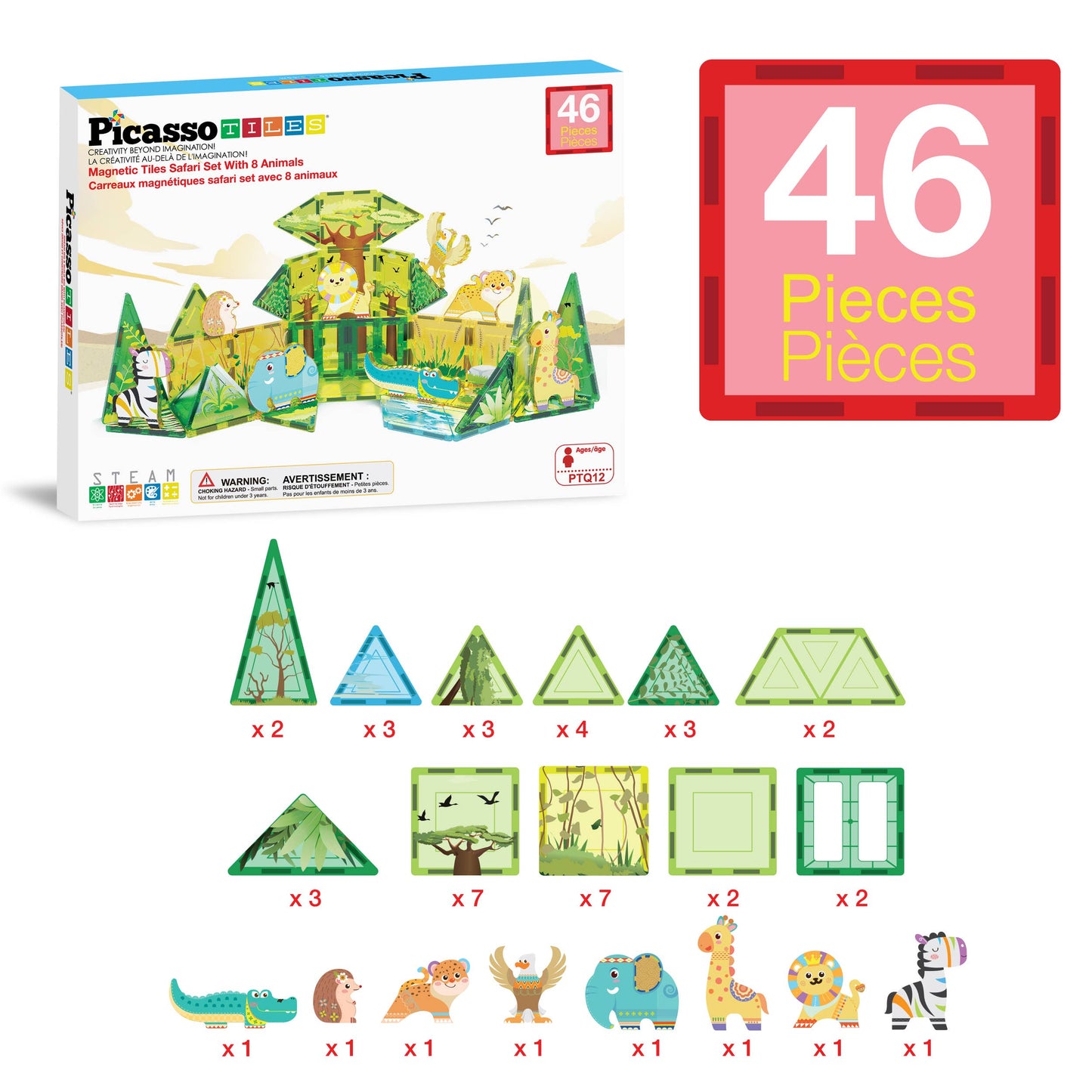 PicassoTiles 46pc (Safari Theme) Magnetic Tile Building Set