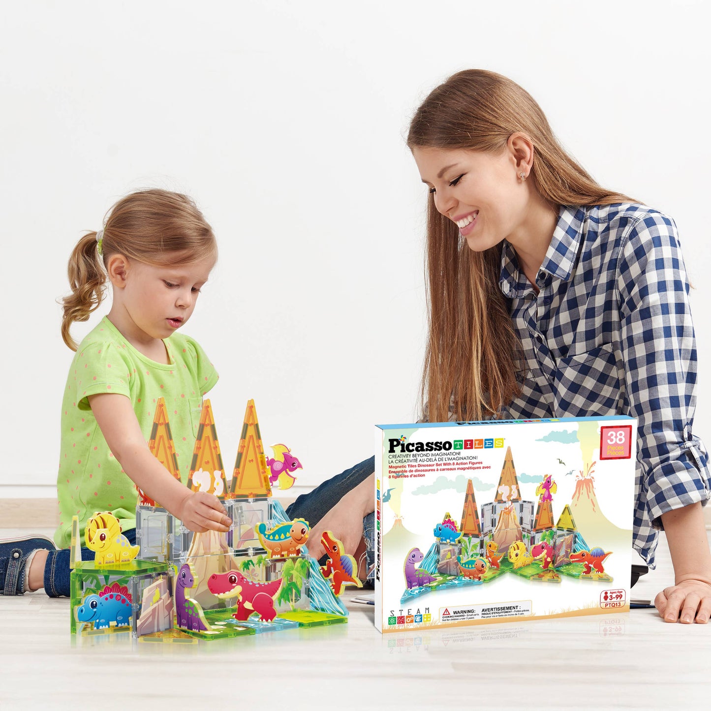 PicassoTiles 38pc (Dinosaur Theme) Magnetic Tile Building Set