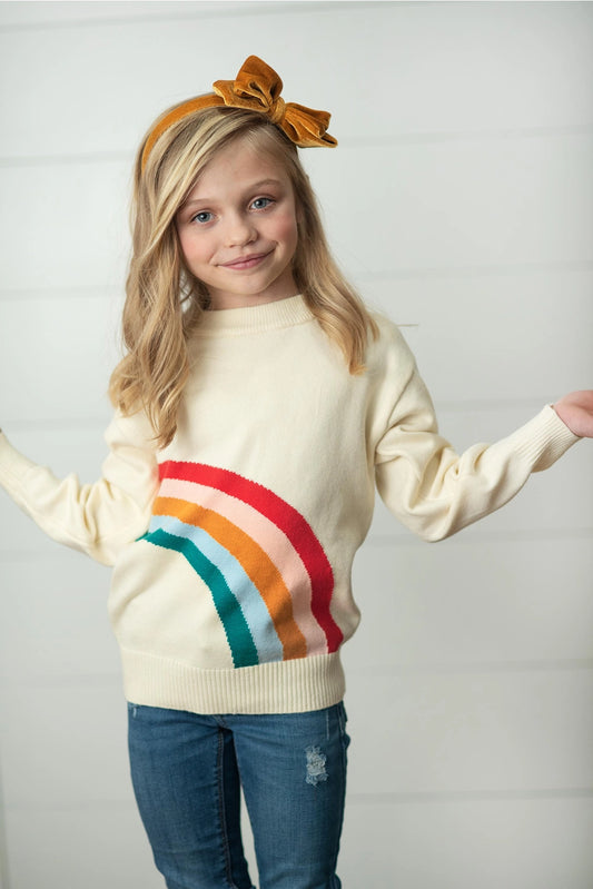 Girls Cream Ivory Rainbow Crew Neck Sweater