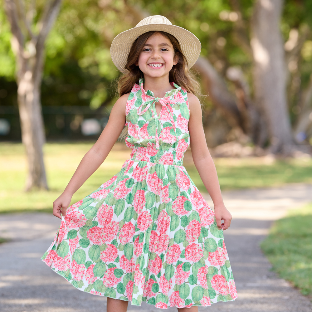 Girls Spring Summer Keyhole Tank Dress - Red Hydrangeas