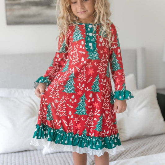 Red & Green Trees Holiday Ruffle Nightgown