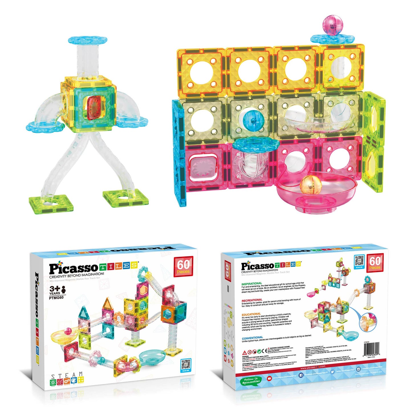 60 Piece Mini Magnetic Marble Run Track Set