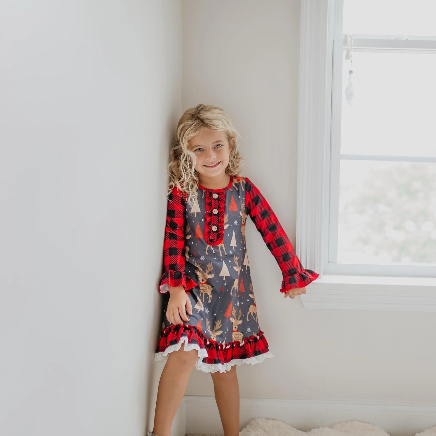 Girls Deer Holiday Ruffle Bottom Nightgown