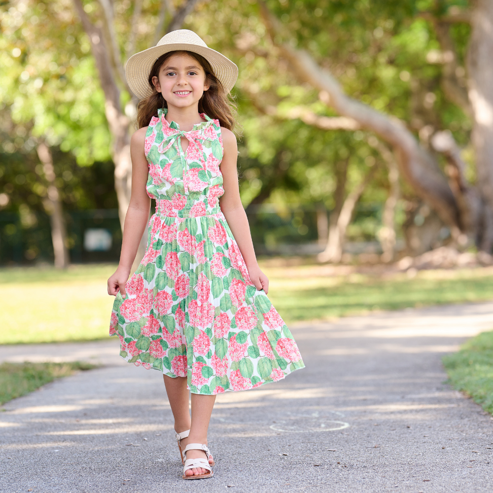 Girls Spring Summer Keyhole Tank Dress - Red Hydrangeas