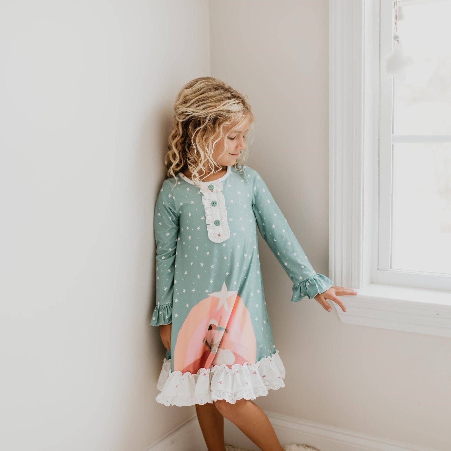 Girls Nativity Ruffle Button Lounge Gown