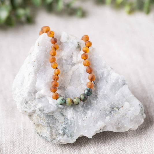 African Turquoise + Raw Cognac Amber Necklace