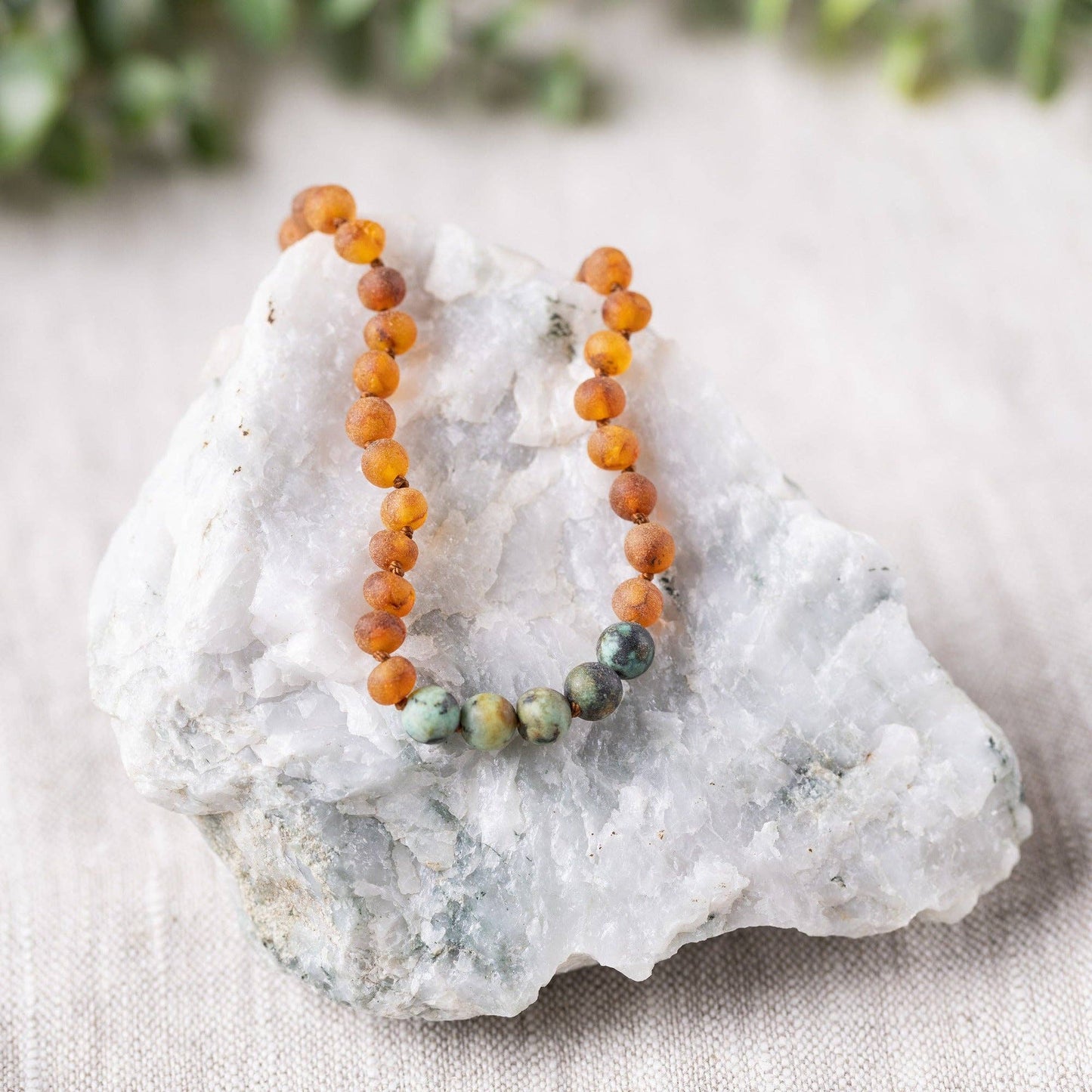 African Turquoise + Raw Cognac Amber Necklace