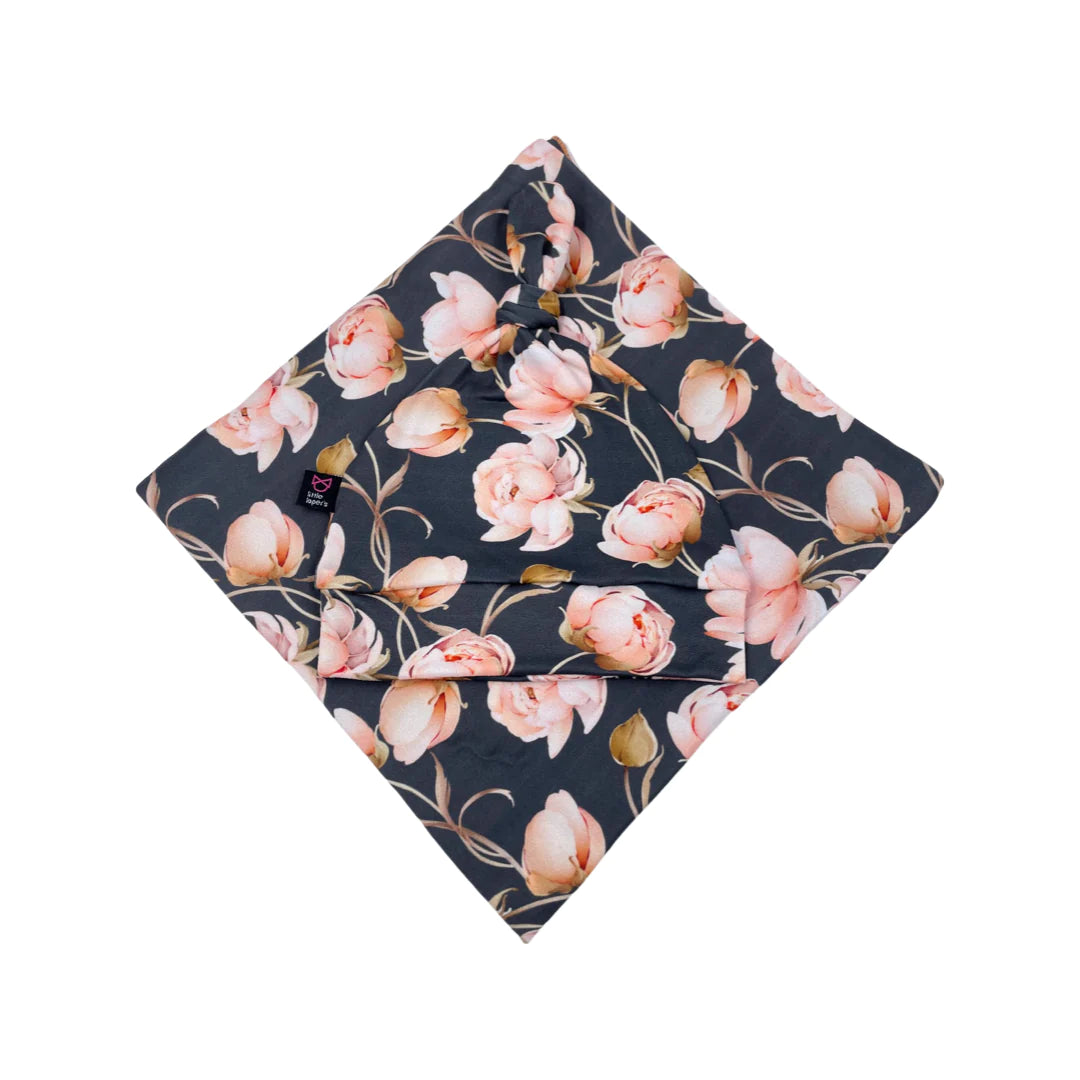 Peony Floral Swaddle Blanket with Knotted Turban & Hat