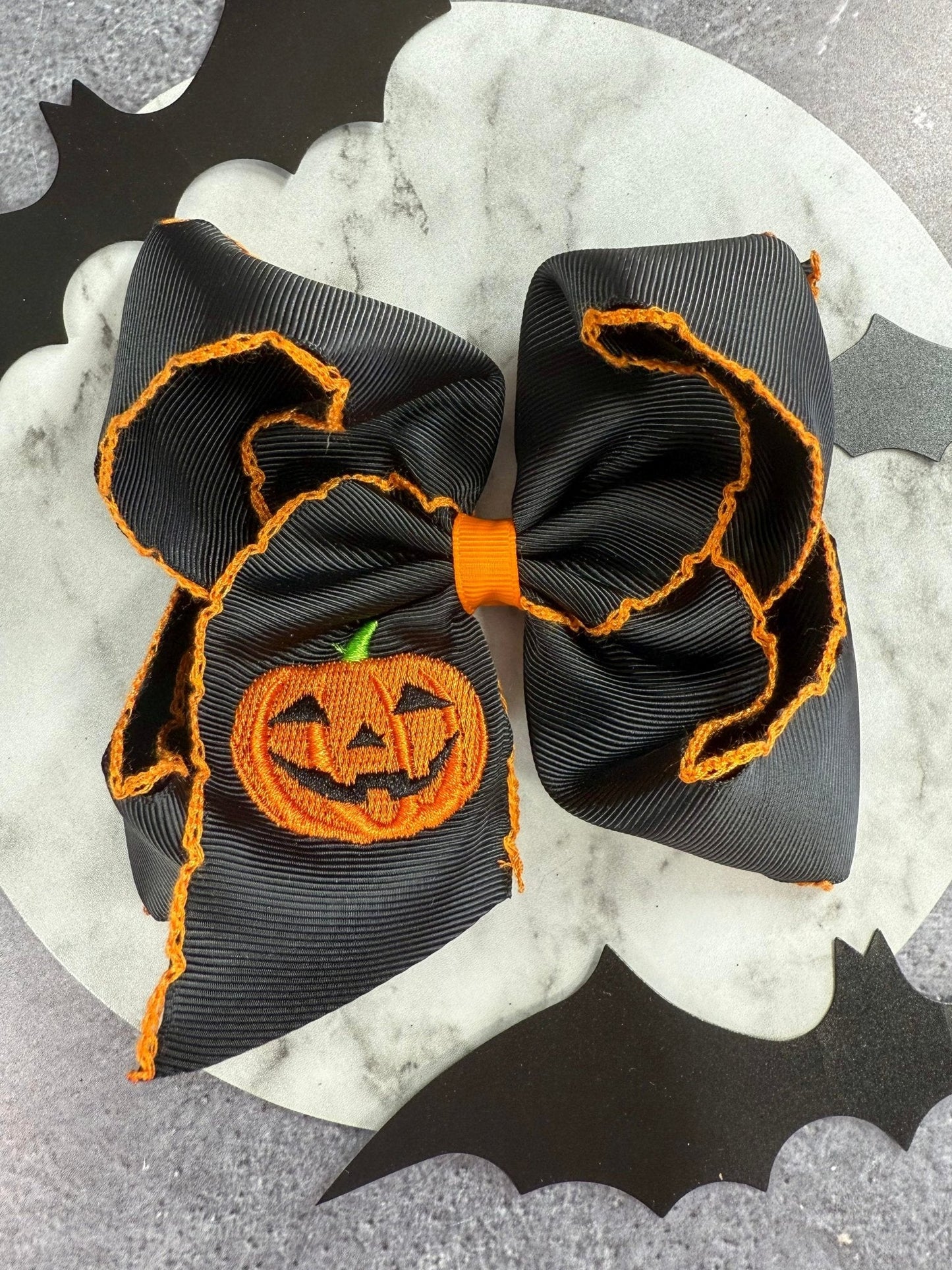 Jack-o-Lantern Embroidered Moonstitch Hair Bow | Clip or Headband 4.5"