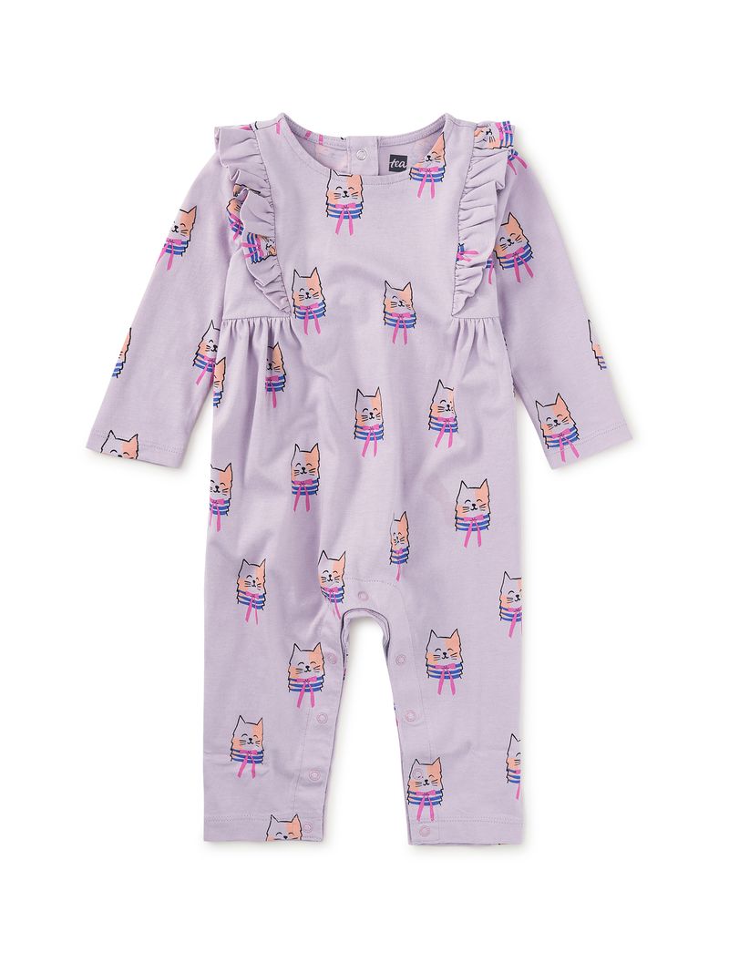 Bow Tie Cats Ruffle Shoulder Baby Romper