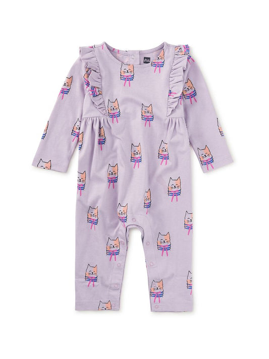 Bow Tie Cats Ruffle Shoulder Baby Romper