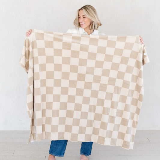 Neutral Checkered Minky Stretch Throw Blanket
