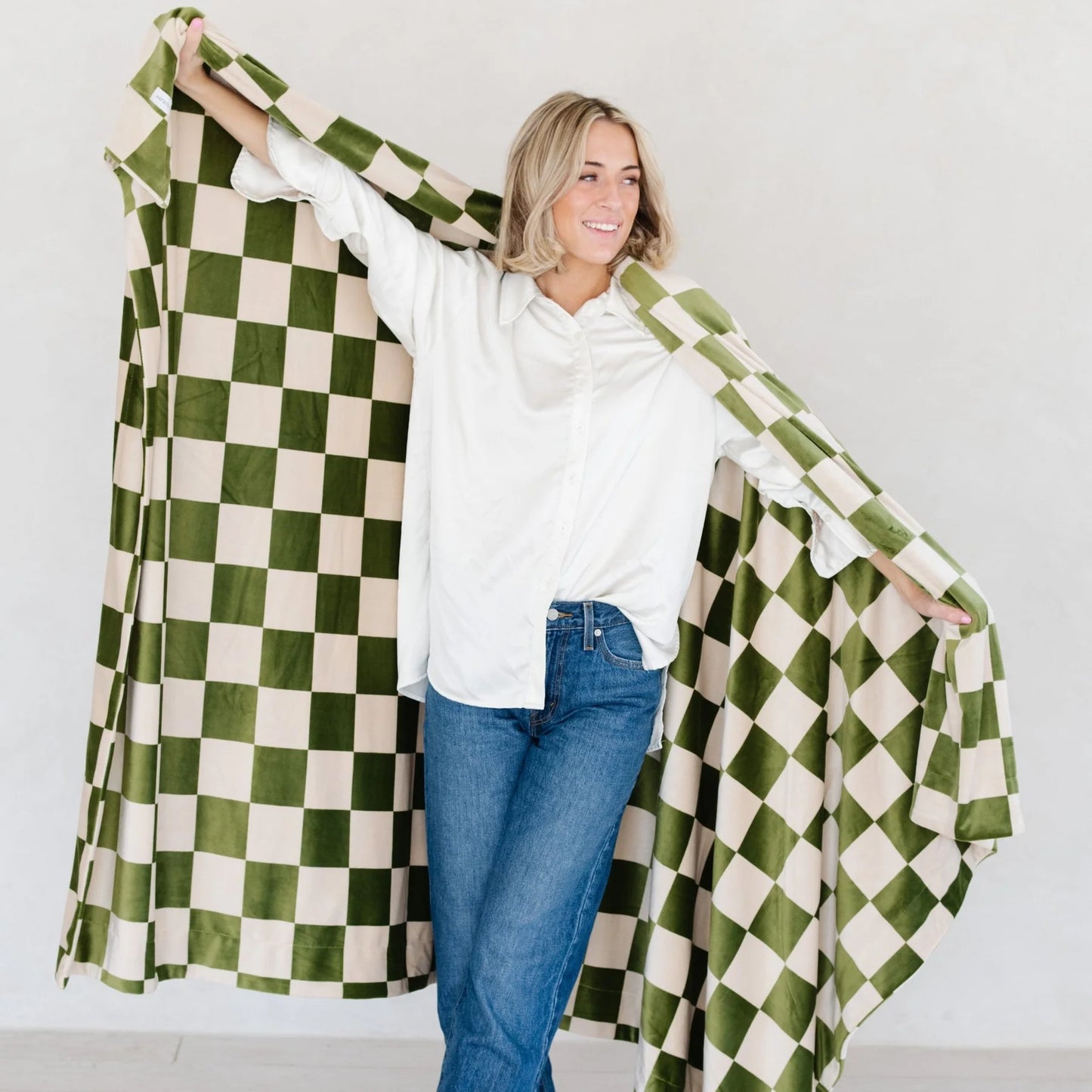 Olive Checkered Minky Stretch XL Throw Blanket