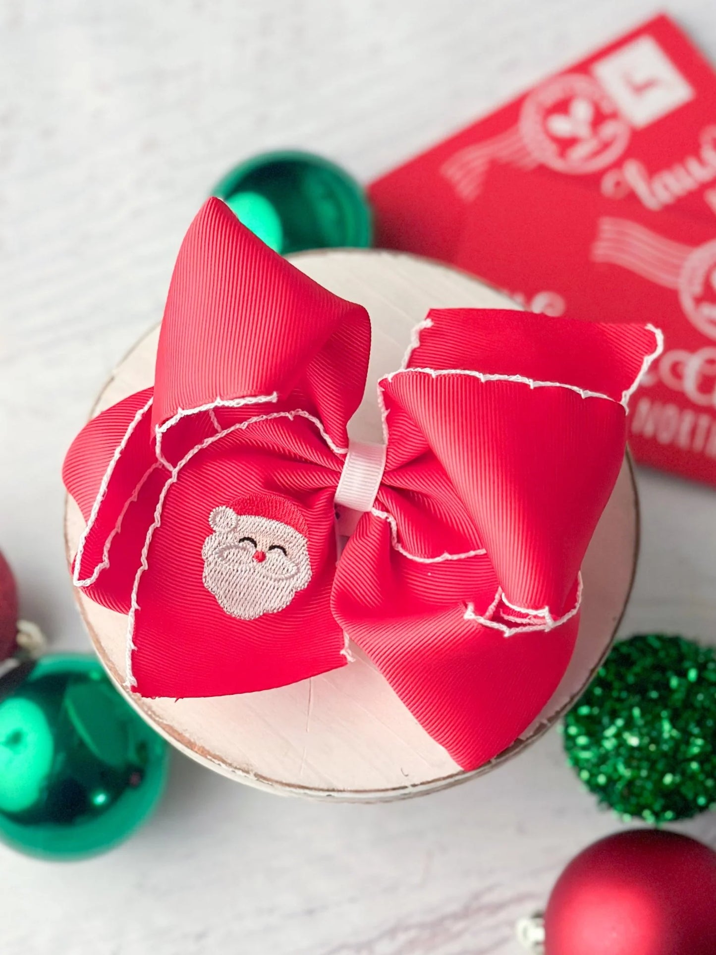 Santa Embroidered Hair Bow | Clip or Headband 4.5"