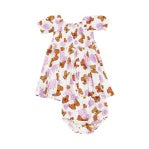 Monarch Butterflies and Milkweed Puff Sleeve Smocked Dress w/Diaper Cover