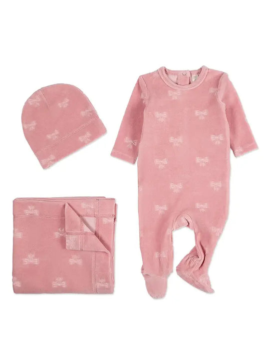 Velvet Bow 3 Pc Footie Set - Pink