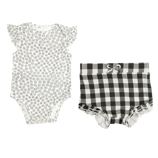 Ruffle Sleeve Onesie and High Waisted Short Set - Doodle Daisy/Gingham Black