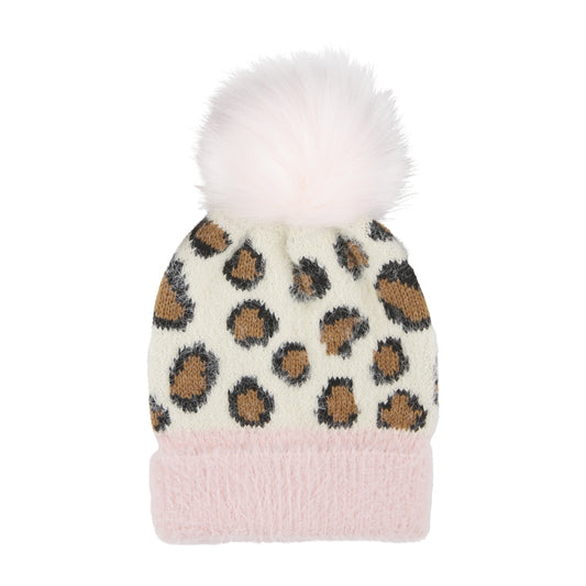 Ivory Fuzzy Knit Leopard Hat