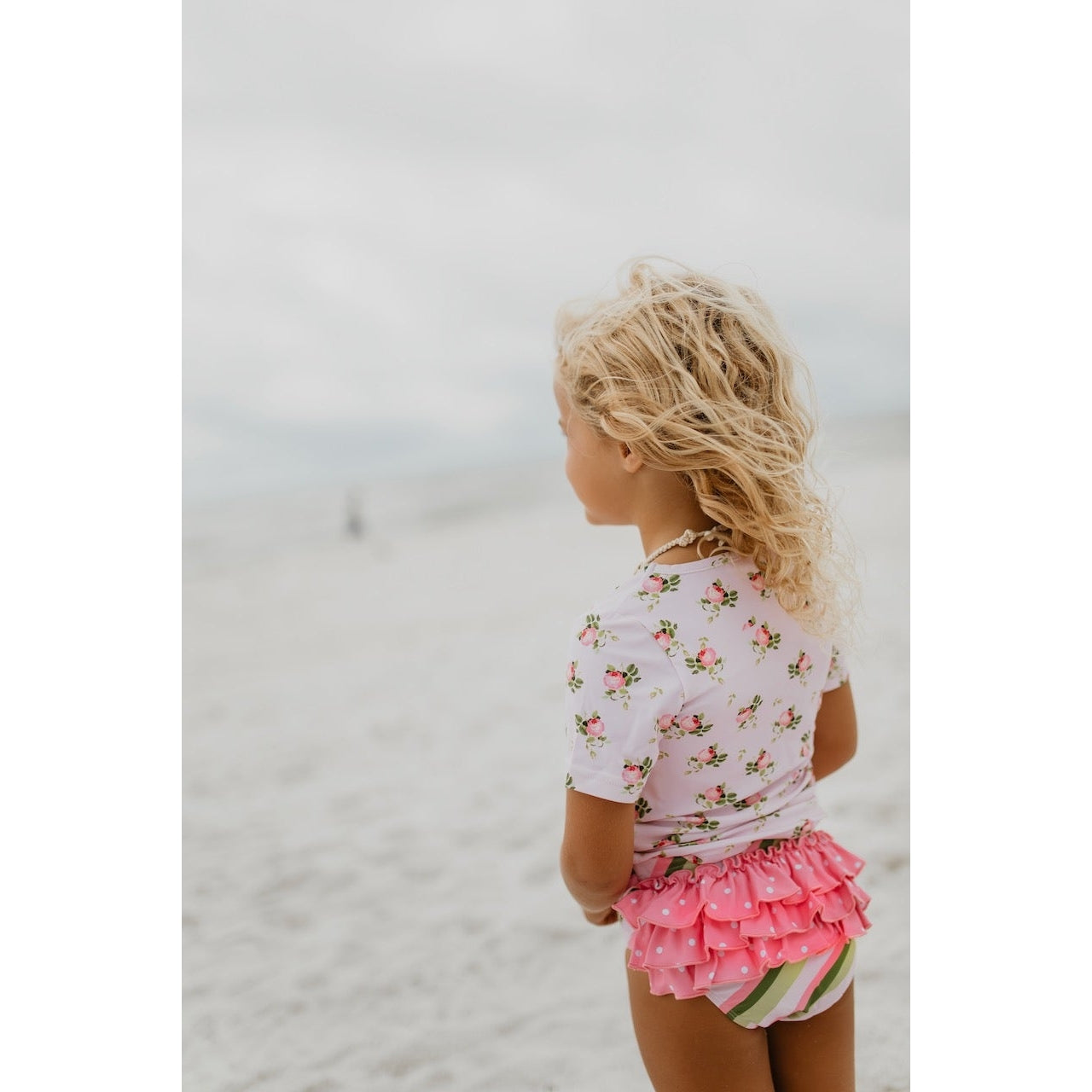 Light Pink Floral Rash Guard with Ruffle Bottoms