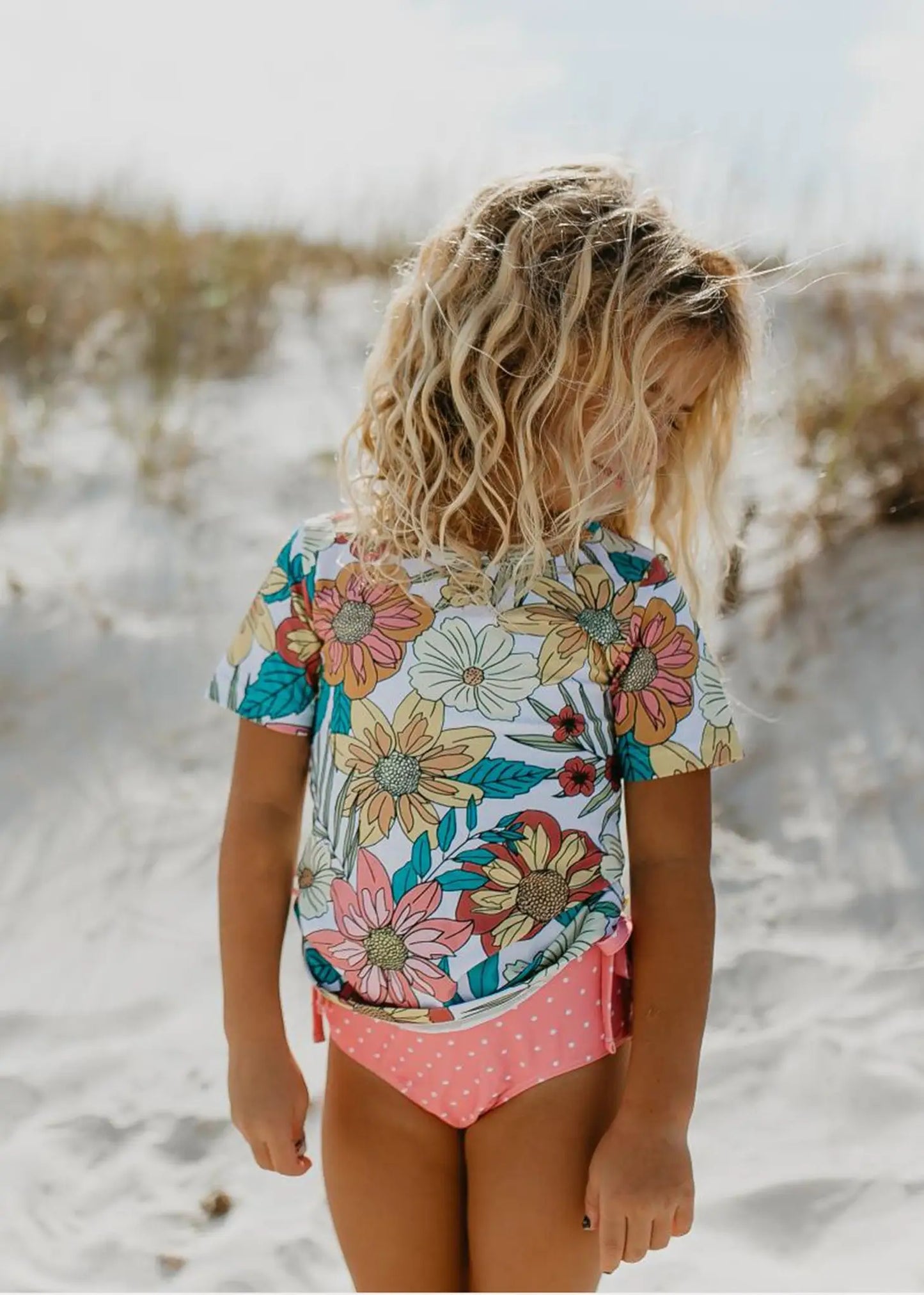 Pink Tropical Rash Guard Swimsuit with Ruffle Bottoms