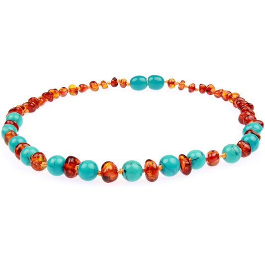 Cognac/Turquoise Amber & Gemstone Teething Necklace 12.5"