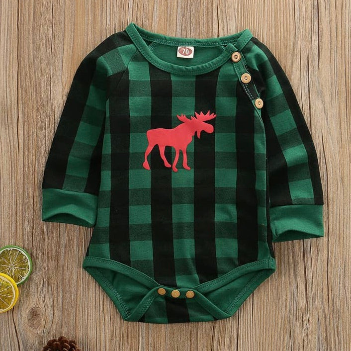 Moose Plaid Bodysuit in Green - Lollipop Chic Bowtique