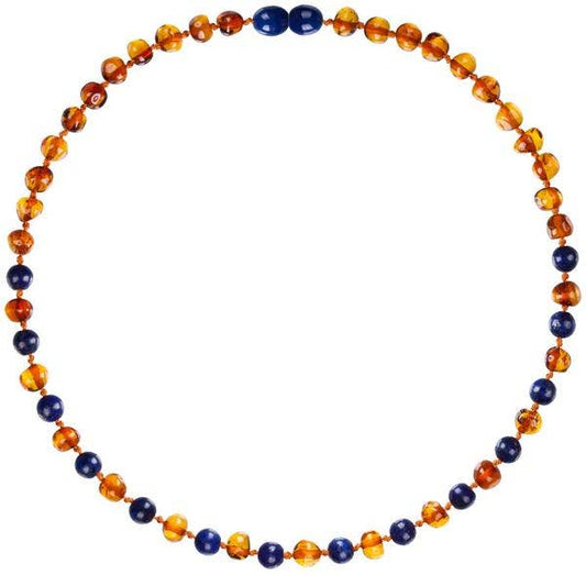 Cognac/Lapis Amber & Gemstone Teething Necklace 12.5"