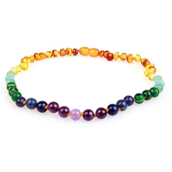 Rainbow Amber & Gemstone Teething Necklace 12.5"