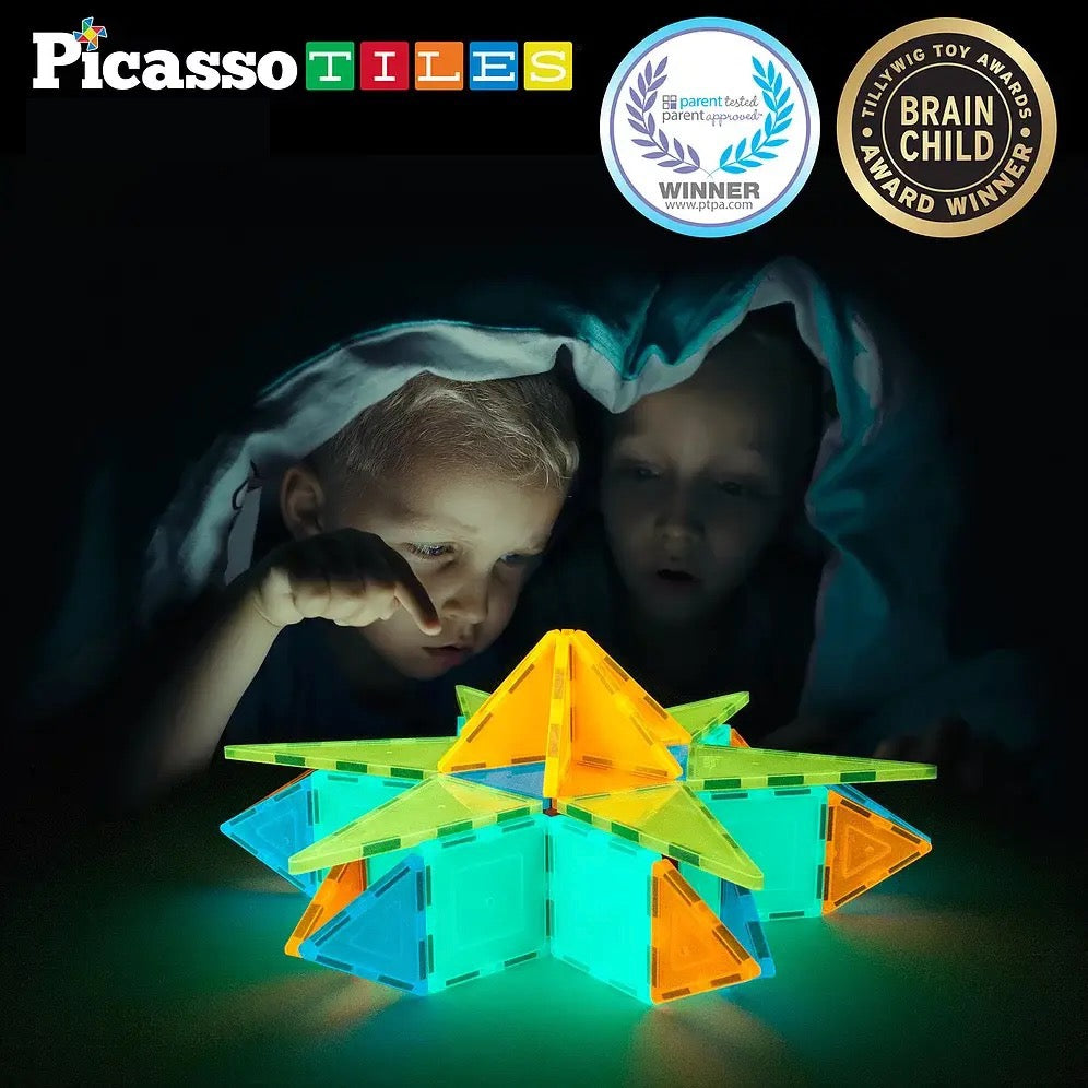 PicassoTiles 60 Piece Glow-in-the-Dark Magnetic Tileset