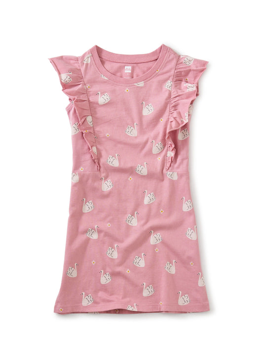 Short Sleeve Ruffle Dress - Swan and Flower
