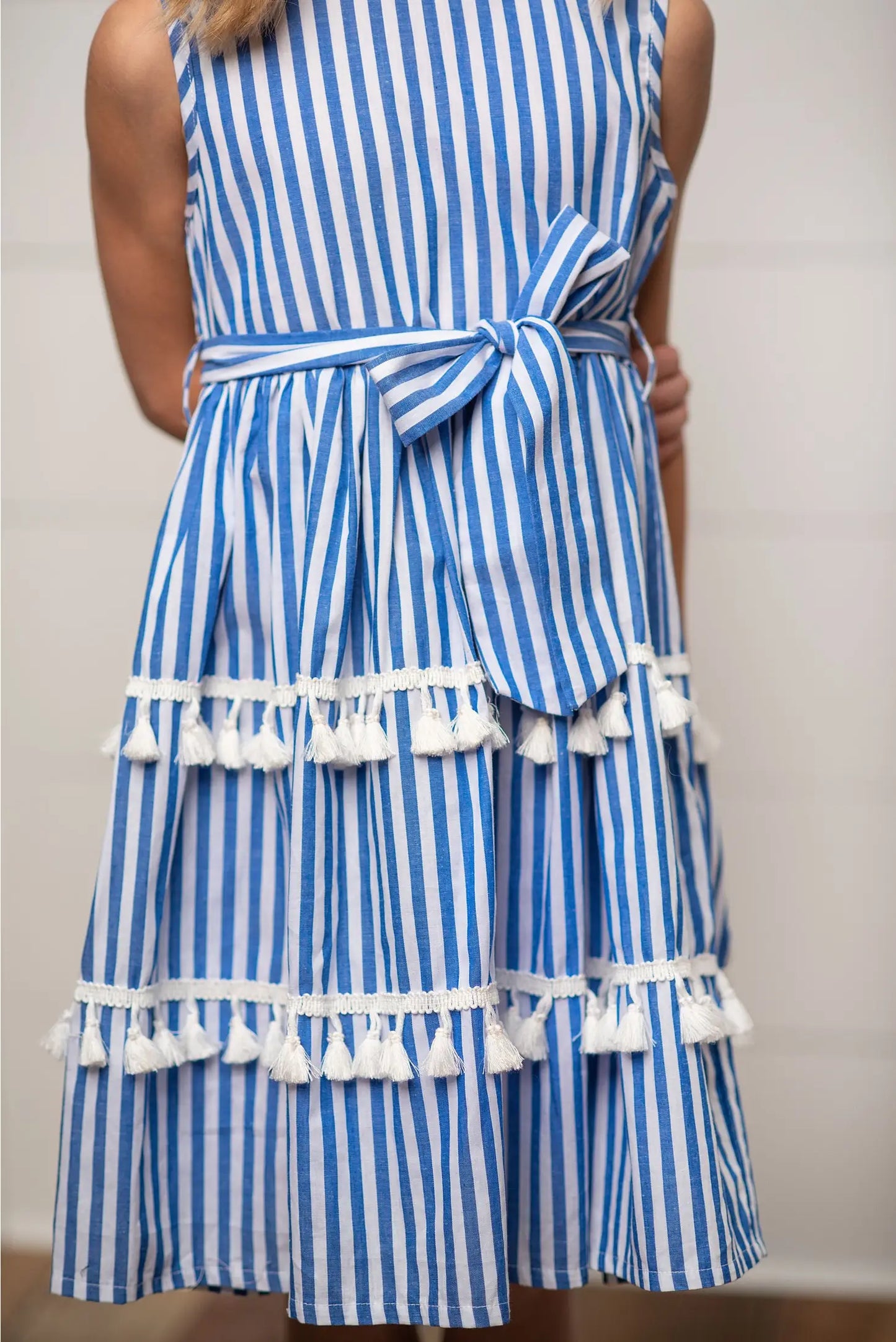 Girls Blue Stripe Tiered Tassel Spring Dress