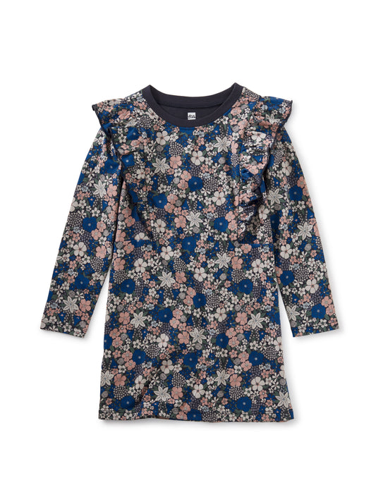 Ruffle Shoulder Dress - Swedish Bouquet in Indigo