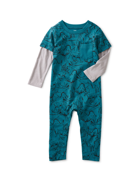 Layered Sleeve Pocket Romper - Romping Reindeer