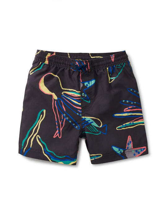 Caribbean Reef in Black Mid-Length Swim Trunks