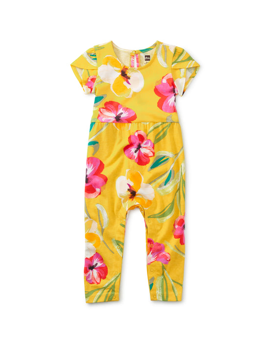 Painterly Hibiscus in Yellow Tulip Sleeve Baby Romper