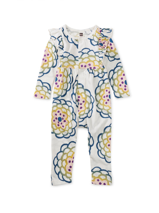 Spinning Chrysanthemum Snap Front Ruffle Romper