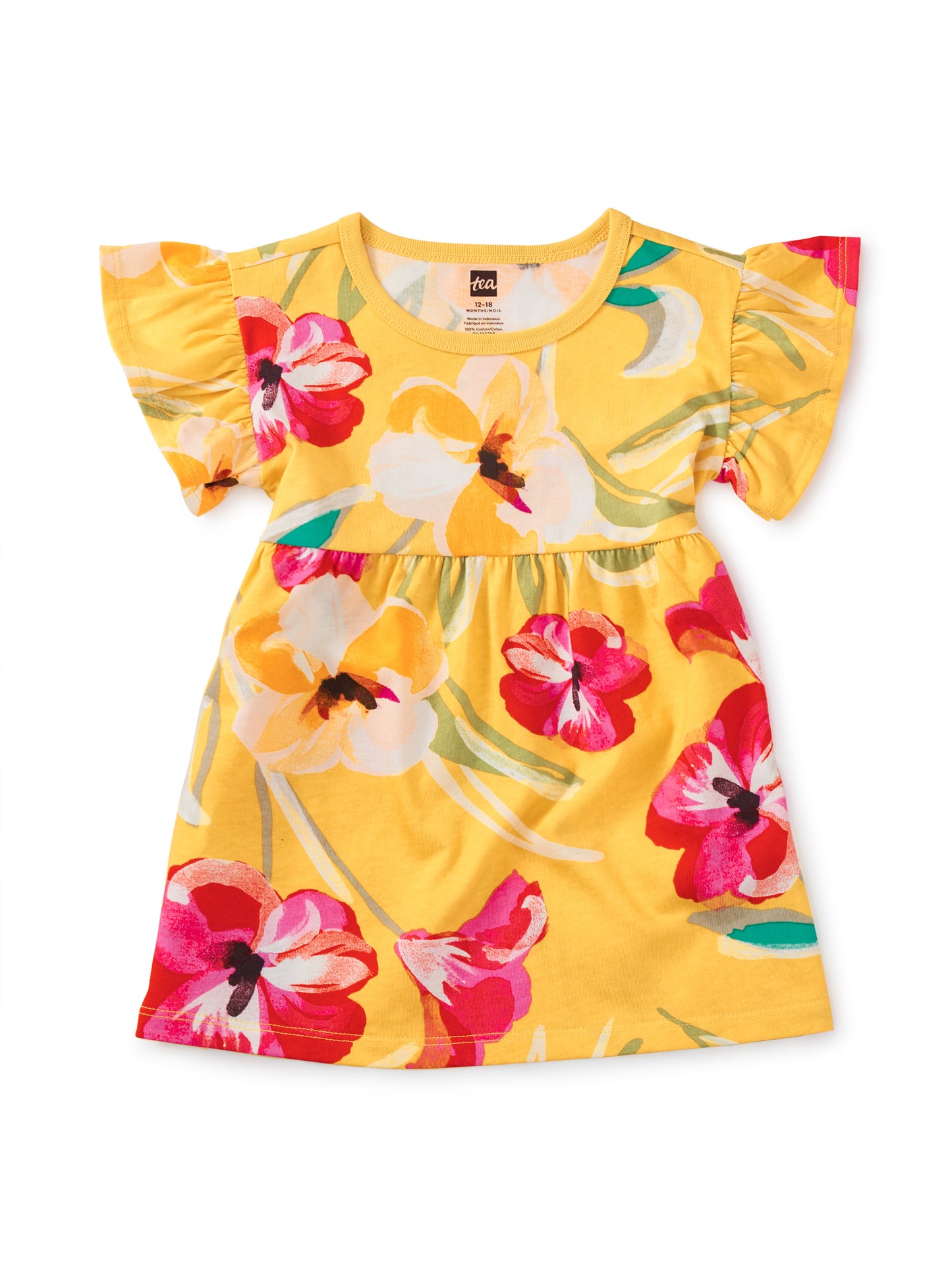 Painterly Hibiscus in Yellow Ruffle Sleeve Baby Dress