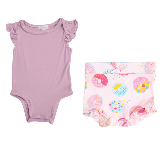 Ruffle Sleeve Onesie and High Waisted Short Set - Lilac/Donuts