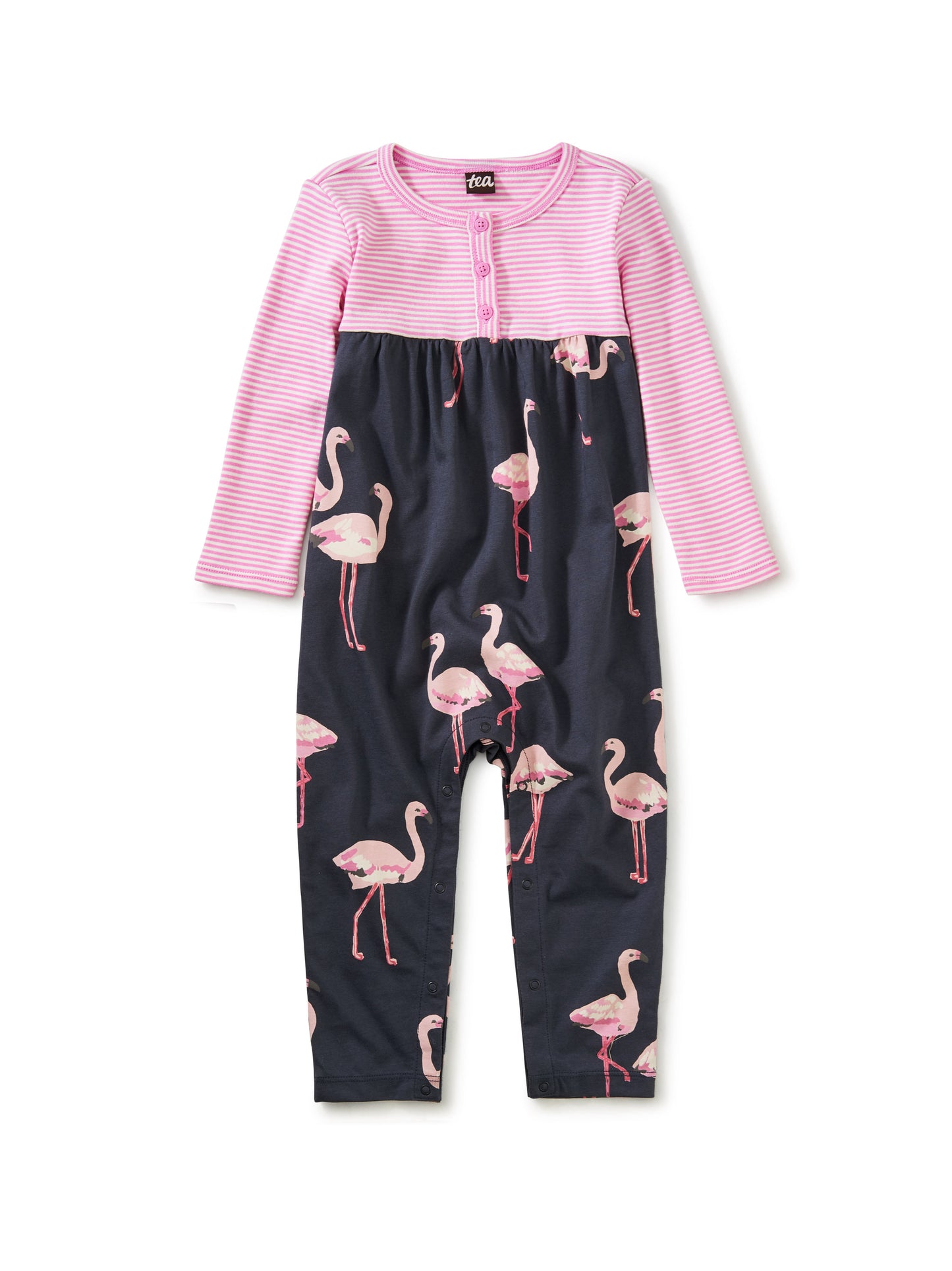 Tea Collection Print Mix Henley Romper - Flamingo Spree