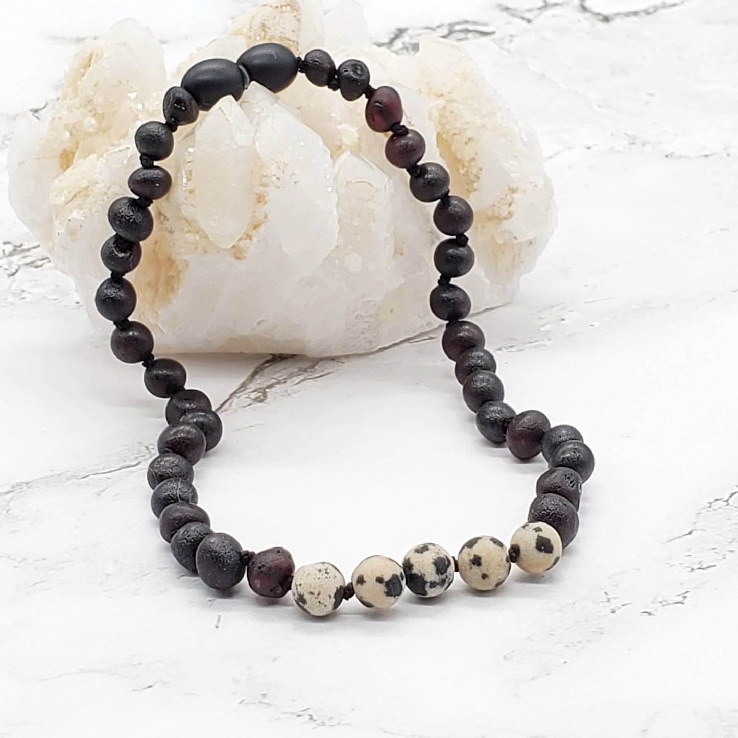 Raw Dalmatian Jasper & Cherry Baltic Amber Kids Necklace