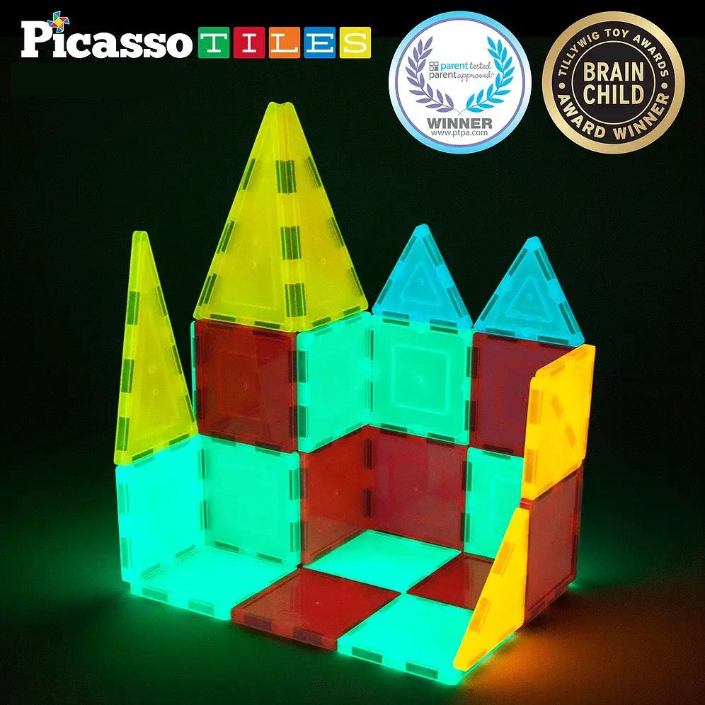 PicassoTiles 60 Piece Glow-in-the-Dark Magnetic Tileset