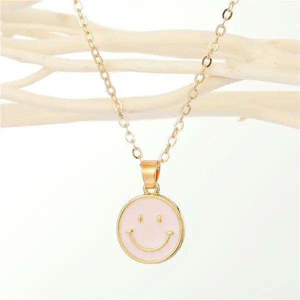 Pink Smiley Charm Thin Chain Necklace
