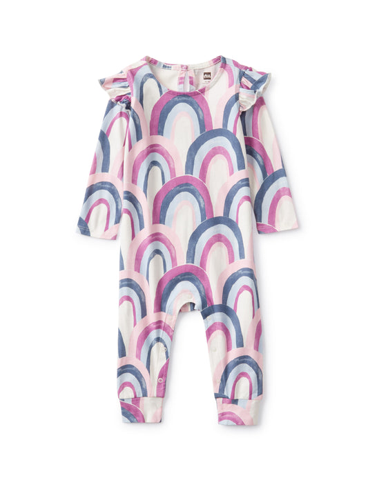Ruffle Shoulder Romper - Over the Rainbow in Pink