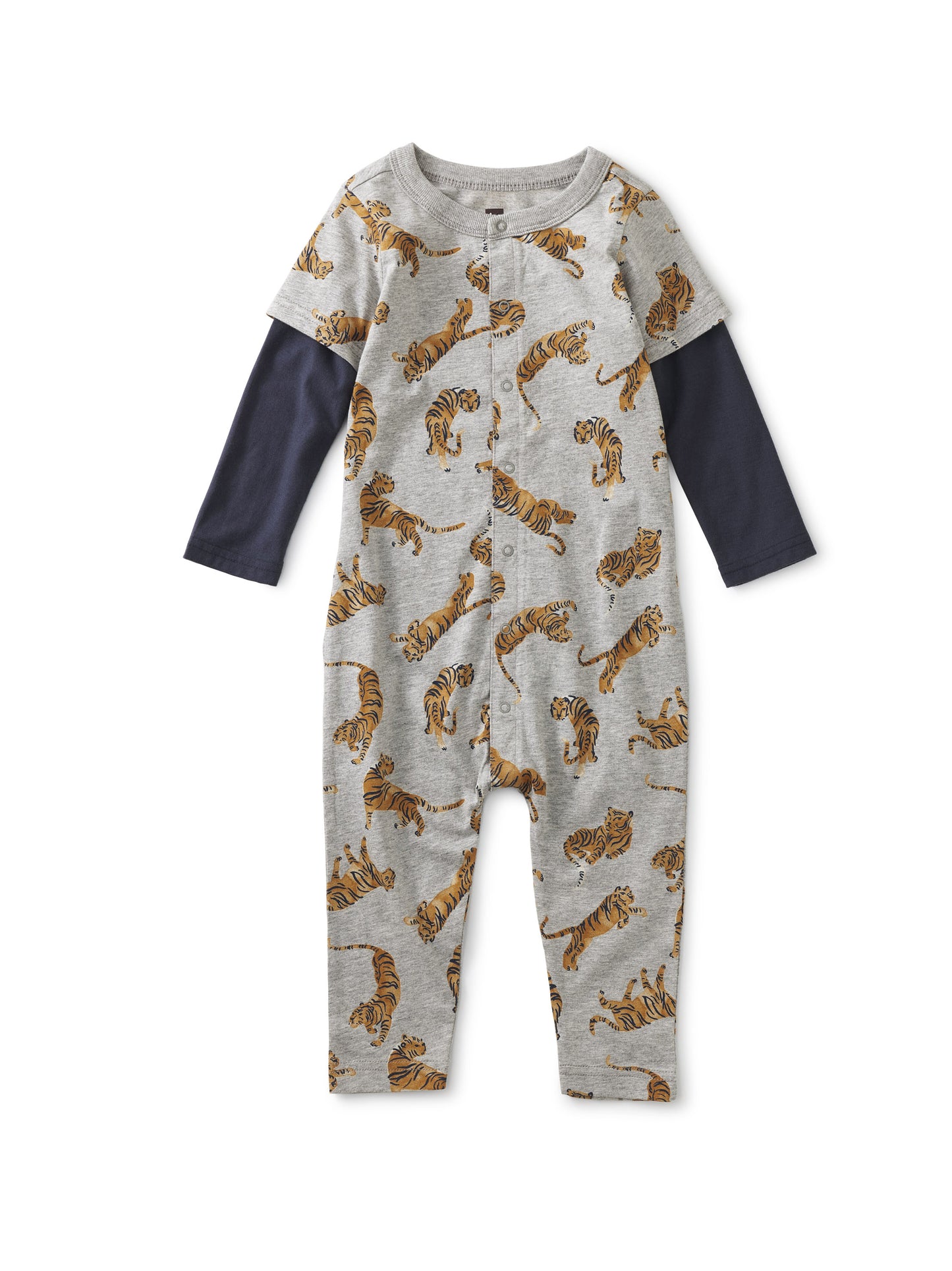 Layered Button-Up Baby Romper in Tossed Tigers