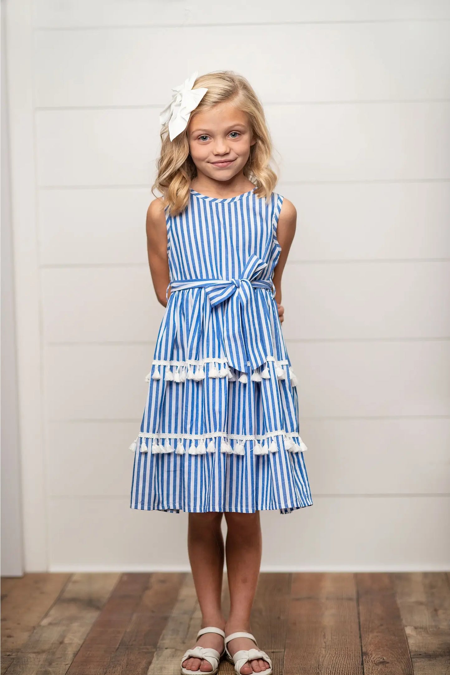 Girls Blue Stripe Tiered Tassel Spring Dress