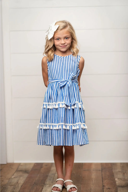 Girls Blue Stripe Tiered Tassel Spring Dress