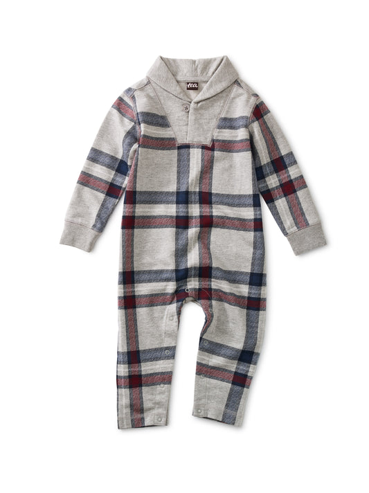 Shawl Collar Baby Romper in Treehouse Plaid