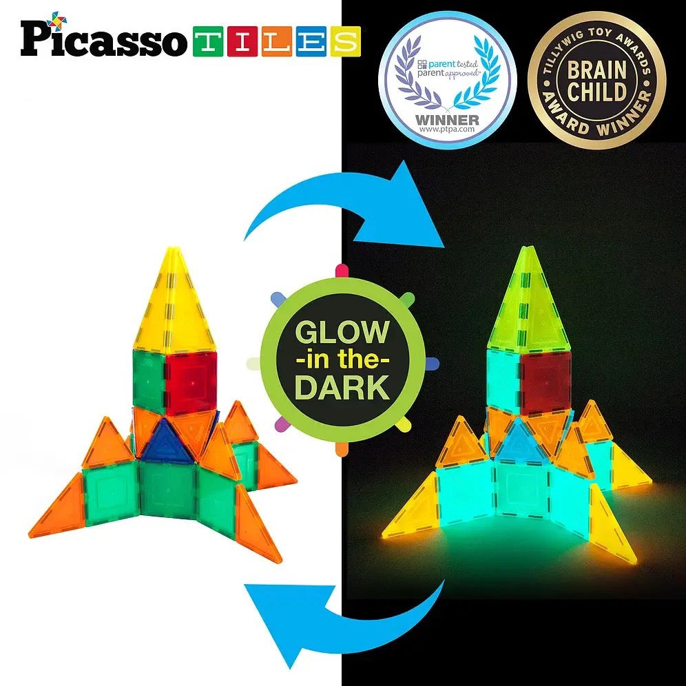 PicassoTiles 60 Piece Glow-in-the-Dark Magnetic Tileset