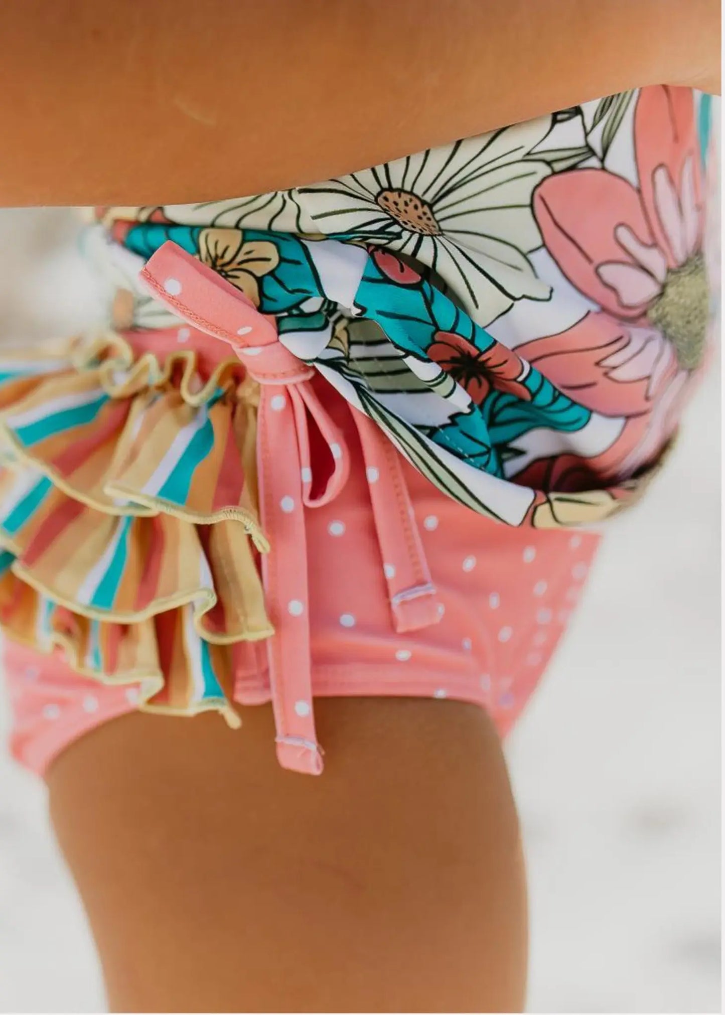 Pink Tropical Rash Guard Swimsuit with Ruffle Bottoms