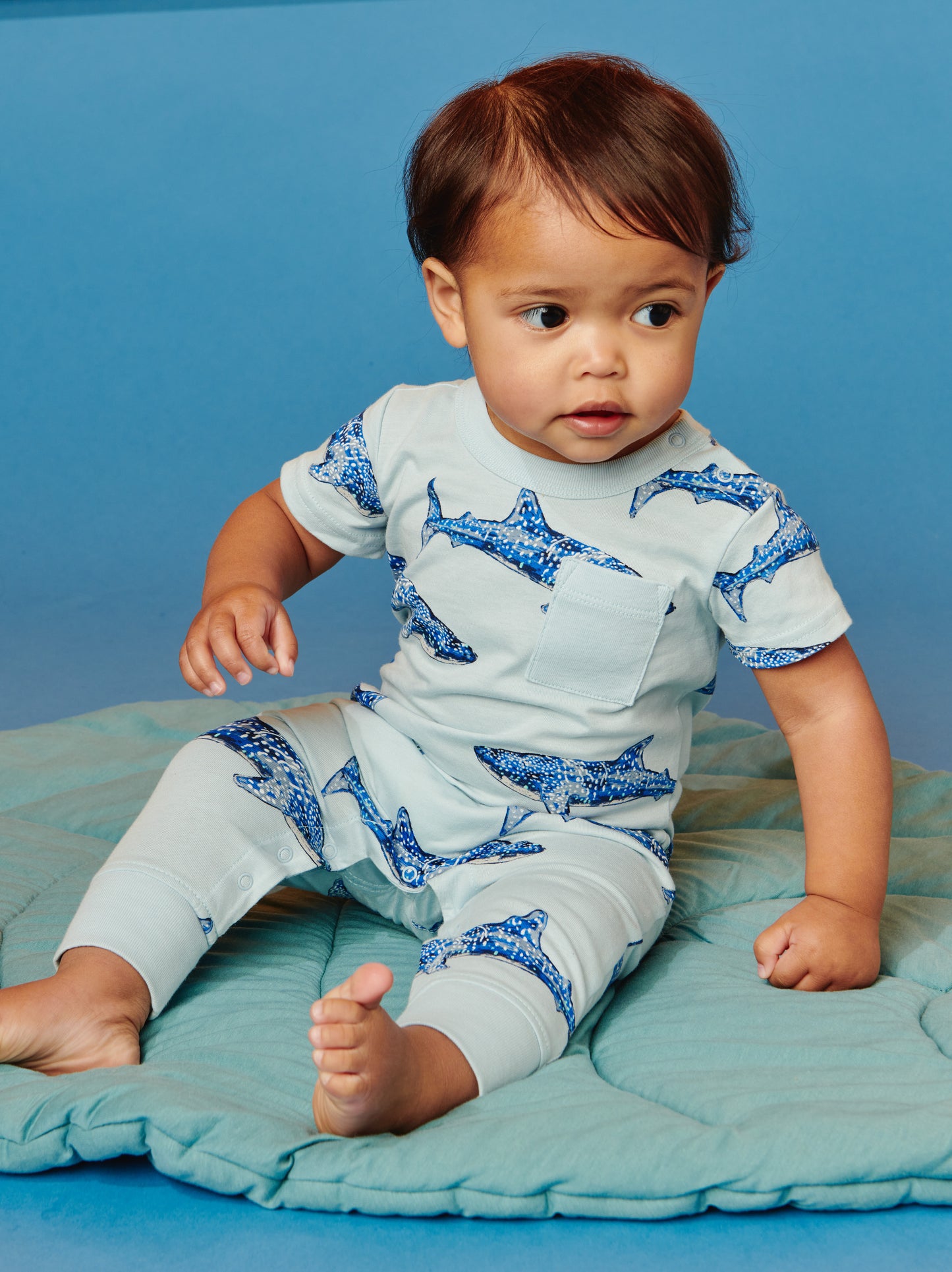 Whale Sharks in Blue Pocket Baby Romper